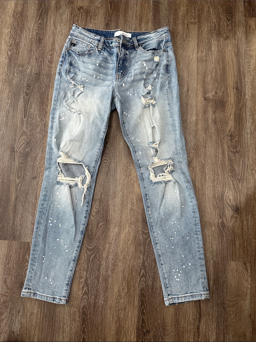 KanCan Light Blue Distressed Boyfriend Jeans with White Paint Splatter